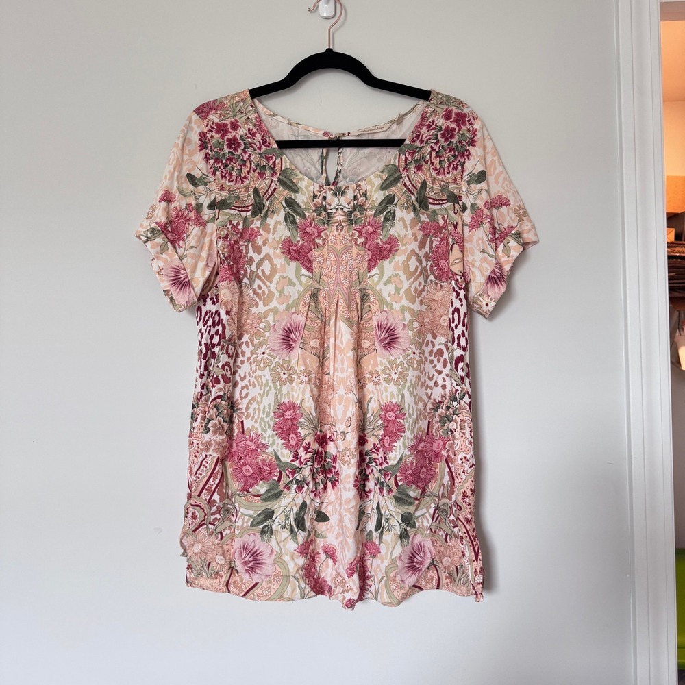 Soft Surroundings Cusabo Pleated Leopard Floral Print Top Cuffed Sleeve Medium